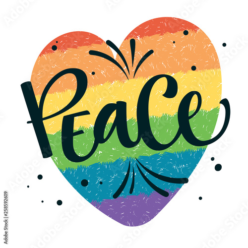Gay Pride text Peace with splashes and dots decor on colorful gay rainbow heart background