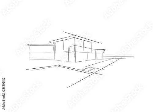 Beach house Real estate rental logo. Banner beachfront  Luxury villa. Home with swimming pool and sea view for weekend and holidays. Modern architecture Vacation building sketch, hand drawn, vector