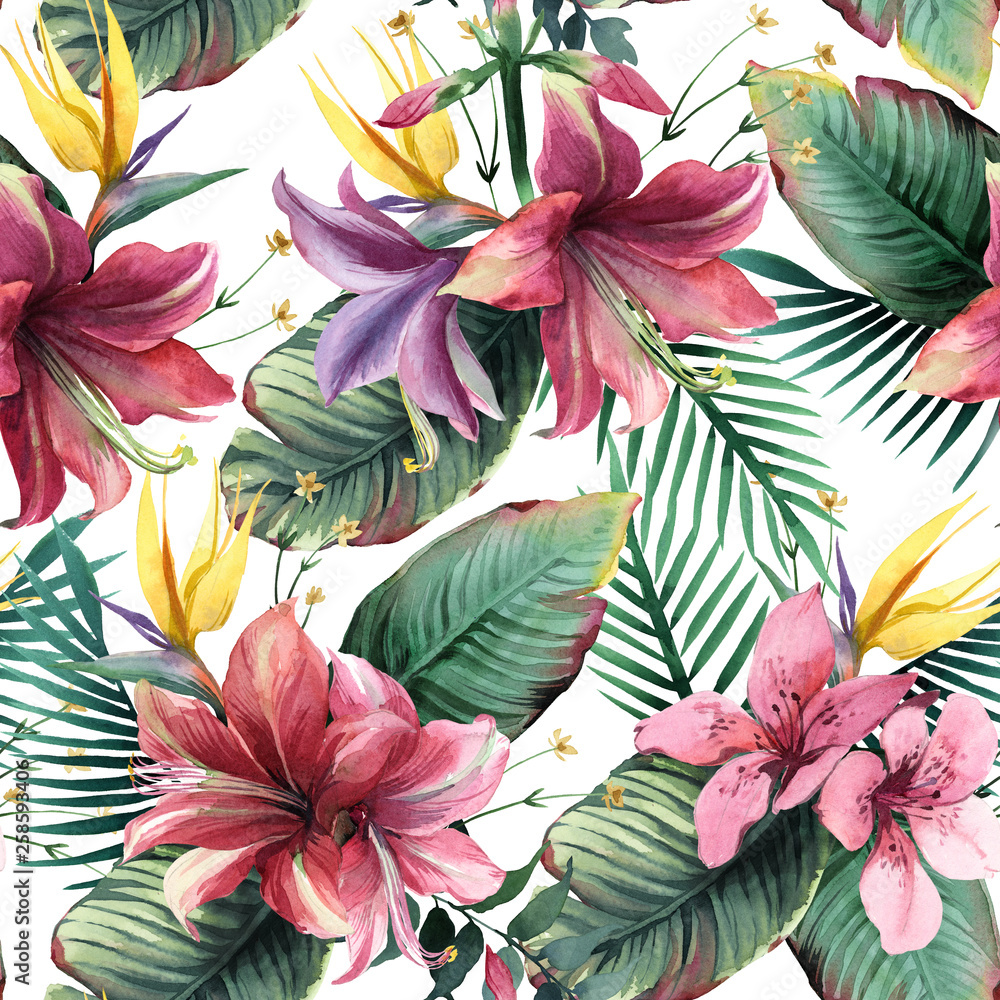 Fototapeta premium Watercolor seamless pattern of tropical flowers and leaves on white background