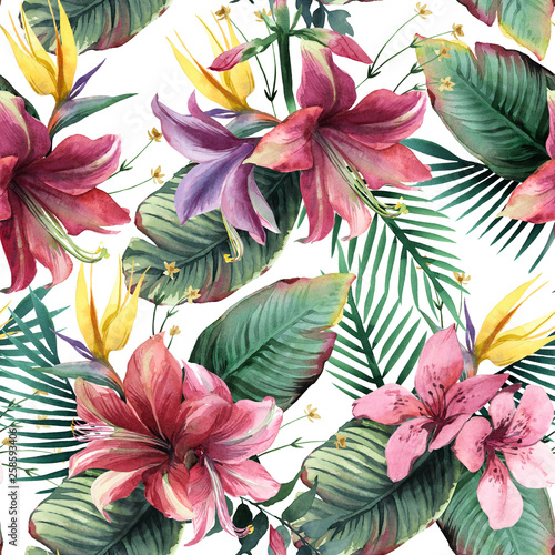 Watercolor seamless pattern of tropical flowers and leaves on white background