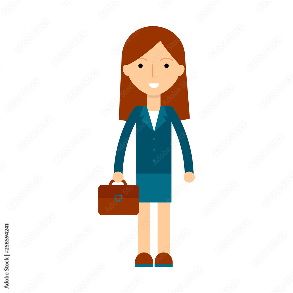 Cute cartoon business woman in flat style. Isolated cartoon business woman with brown hair and business suit. Vector smiling cartoon business woman for use in variety of projects. Cute cartoon business woman in flat style. Isolated cartoon business woman with brown hair and business suit. Vector smiling cartoon business woman for use in variety of projects.