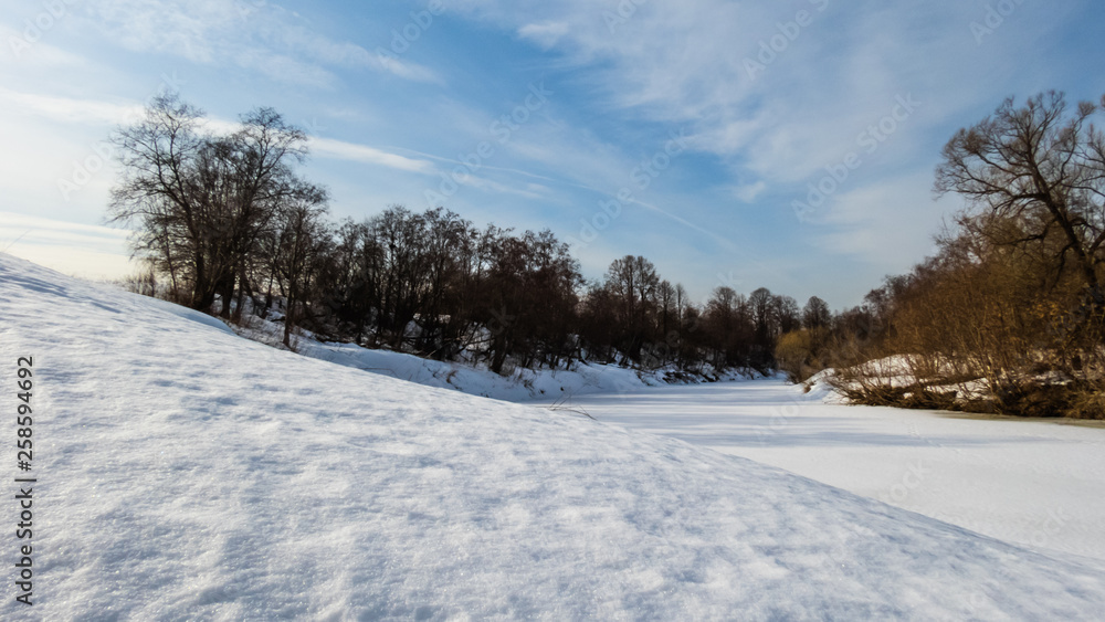 frozen river, winter landscape frozen river, winter landscape