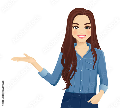 Young cheerful woman with long hair in casual denim shirt showing isolated vector illustration