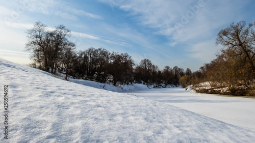 frozen river, winter landscape