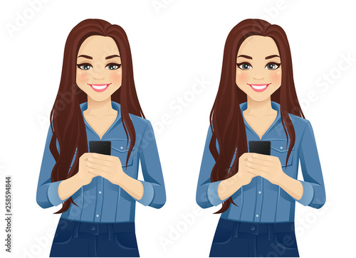 Young cheerful woman with long hair in casual denim shirt holding mobile phone in hands isolated vector illustration