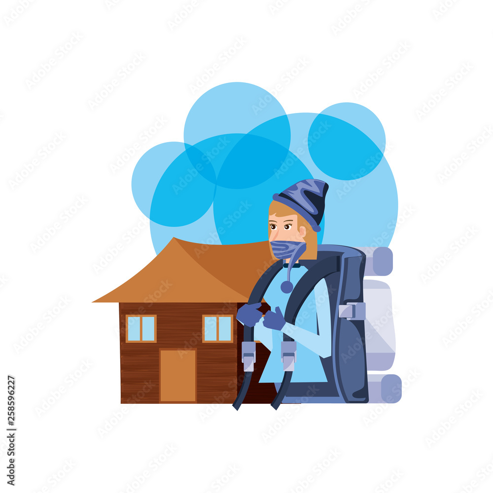 traveler woman with travel bag and log cabin