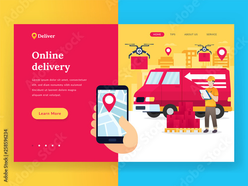 Online delivery service landing page. Modern flat design concept of Worldwide delivery for website and mobile website development. A hand is holding a smartphone, tracking online tracker. Vector