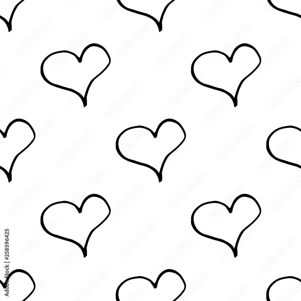 Abstract heart pattern with hand drawn hearts. Cute vector black and white heart pattern. Trendy monochrome doodle heart pattern for fabric, wallpapers, wrapping paper, cards and web backgrounds.