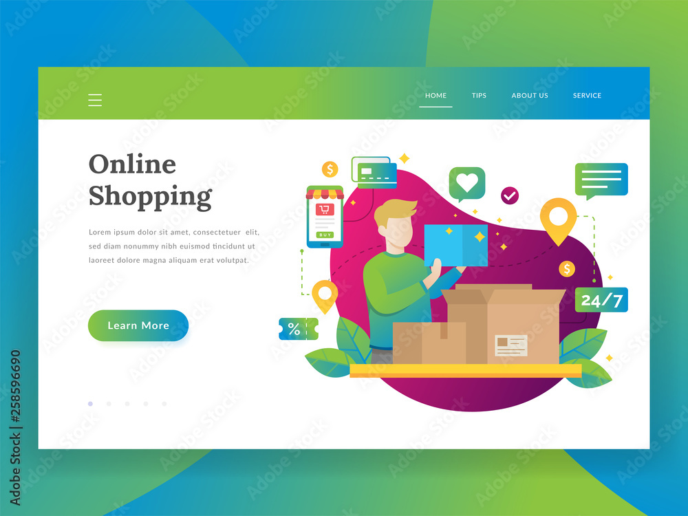 Online shopping, mobile marketing and purchase concept. Modern flat design illustration concept of Online Shopping. Landing page with man or customer receiving package buying goods at internet store Online shopping, mobile marketing and purchase concept. Modern flat design illustration concept of Online Shopping. Landing page with man or customer receiving package buying goods at internet store