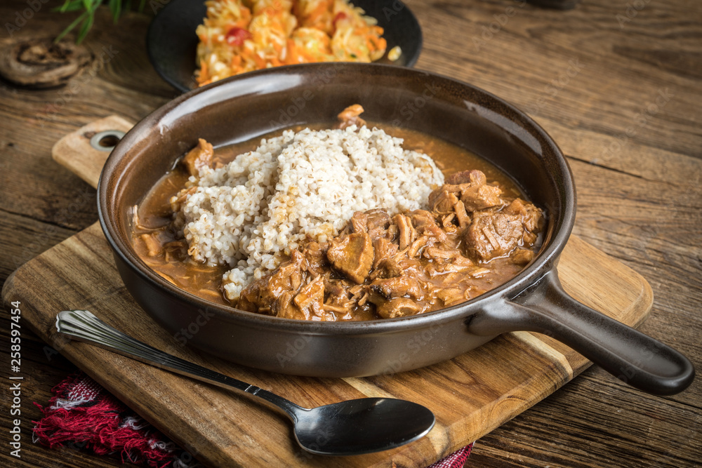Barley groats with stewed meat. Barley groats with stewed meat.