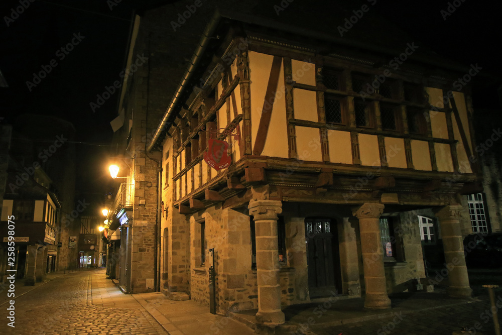Medieval houses, Dinan by night, Brittany, France