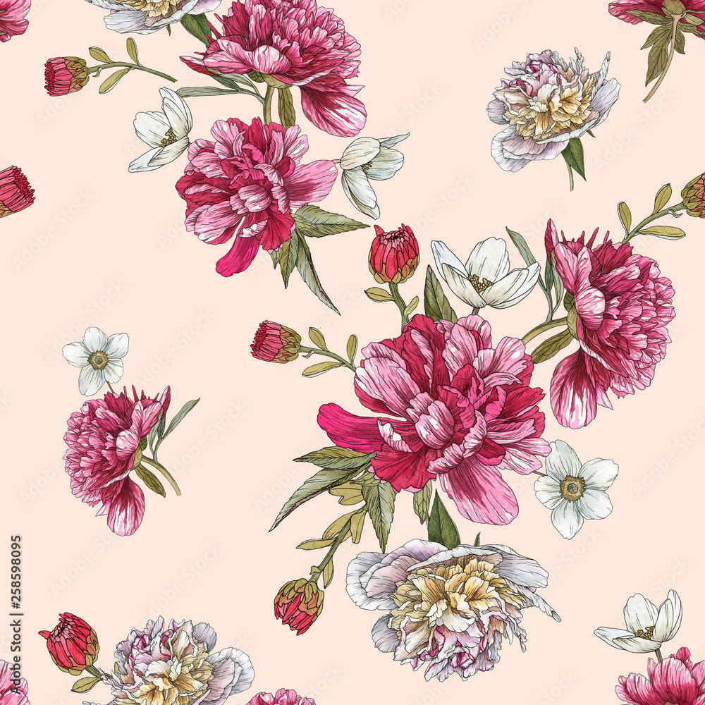 Floral seamless pattern with watercolor peonies and anemones