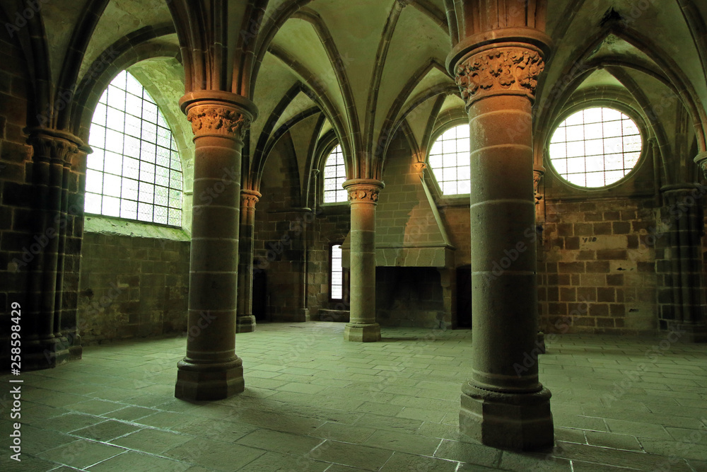 Pilar in one of the lodging rooms, Mont Saint Michel Abbey, Normandy, France