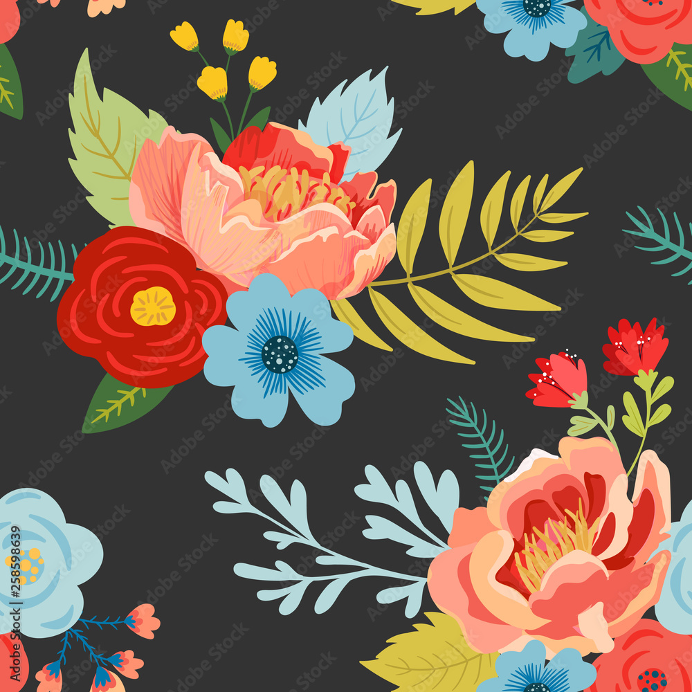 Floral Seamless Pattern with Flowers, Buds and Leaves. Fabric Botanical Background for Textile, Wrapping, Wallpaper. Fashion Print Minimal Design. Vector illustration Floral Seamless Pattern with Flowers, Buds and Leaves. Fabric Botanical Background for Textile, Wrapping, Wallpaper. Fashion Print Minimal Design. Vector illustration