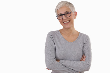 Happy Smiling Mature Woman wearing glasses on white background.