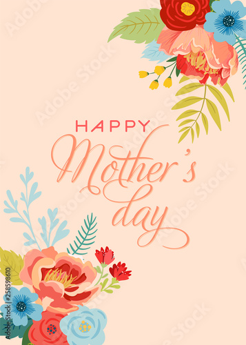 Mothers Day Greeting Card with Flowers Bouquet. Happy Mother Day Floral Banner. Best Mom Poster, Flyer Spring Celebration Design. Vector illustration