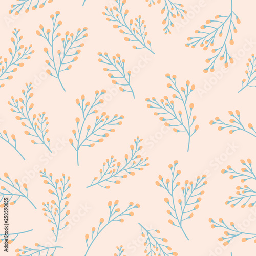 Floral Seamless Pattern with Plants and Branches. Fabric Botanical Background for Textile, Wrapping, Wallpaper. Fashion Print Minimal Design. Vector illustration