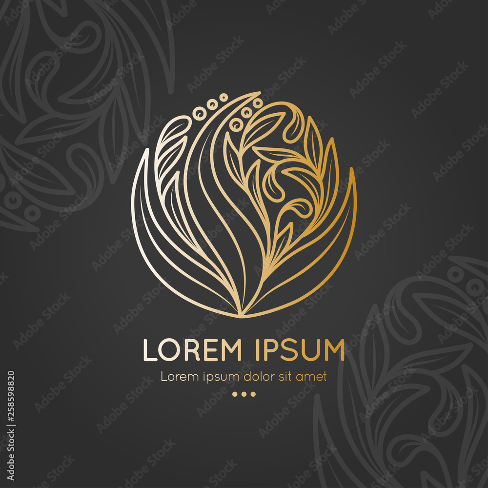 Linear leaf emblem. Elegant, classic vector. Can be used for jewelry, beauty and fashion industry. Great for logo, monogram, invitation, flyer, menu, brochure, background, or any desired idea.