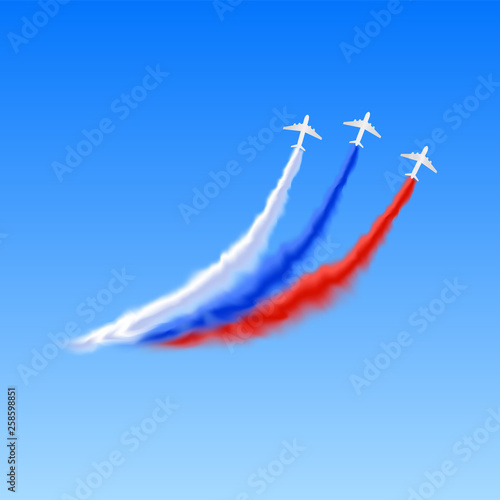 Colorful smoke trail representing Russian Federation's flag with airplanes airshow vector illustration