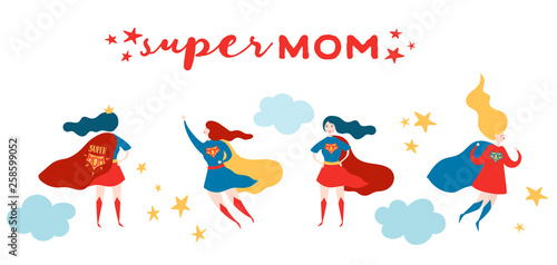 Mothers Day Greeting Card with Super Mom. Superhero Mother Character in Red Cape Design for Mother Day Poster, Banner. Vector flat cartoon illustration