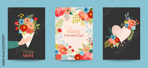 Mothers Day Greeting Card Set with Flowers Bouquet. Happy Mother Day Floral Banner. Best Mom Poster, Flyer Spring Celebration Design. Vector illustration