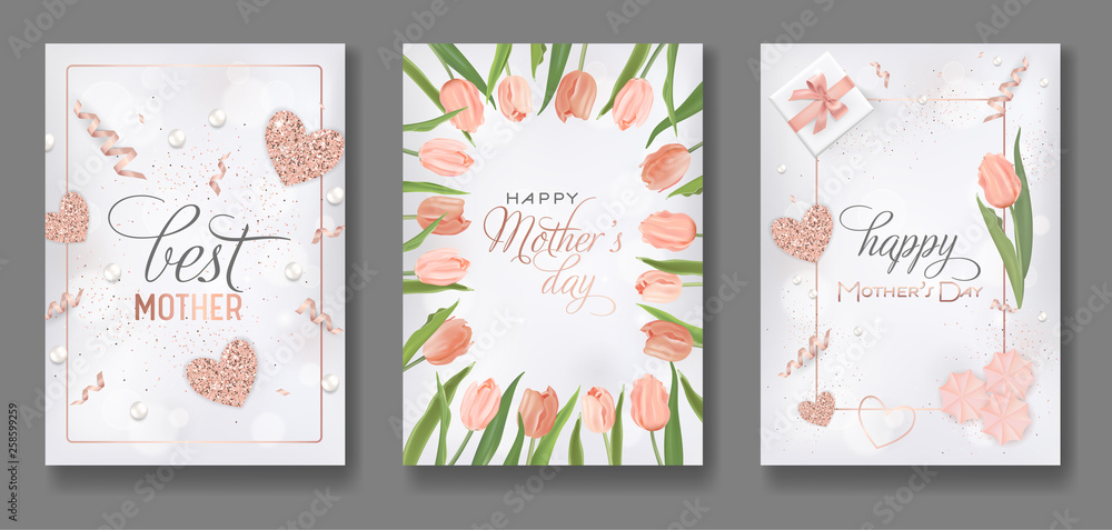 Mothers Day Greeting Card Design Set. Happy Mother Day Flyer with Tulip Flowers, Gifts and Golden Glitter Hearts for Poster, Banner, Invitation. Vector illustration Mothers Day Greeting Card Design Set. Happy Mother Day Flyer with Tulip Flowers, Gifts and Golden Glitter Hearts for Poster, Banner, Invitation. Vector illustration