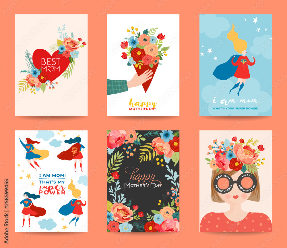 Mothers Day Greeting Card Set. Happy Mother Day Design with Woman Superhero Character and Flowers Bouquet. Floral Spring Banner, Poster, Flyer. Vector illustration - obrazy, fototapety, plakaty 