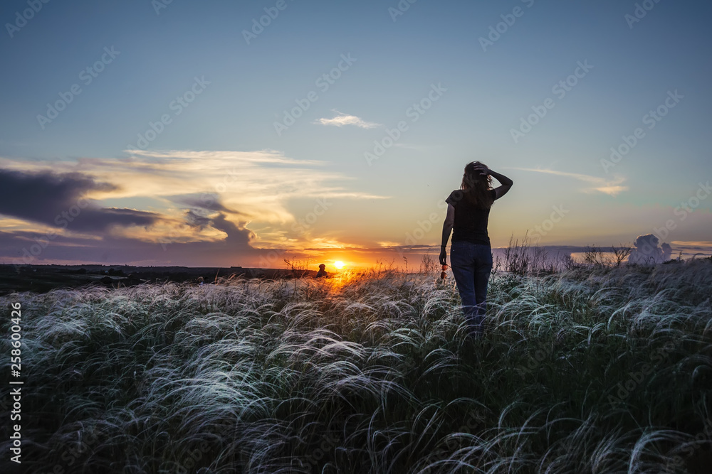 Girl in excited stands with raised hands in a feather grass on the background of the sunrise.