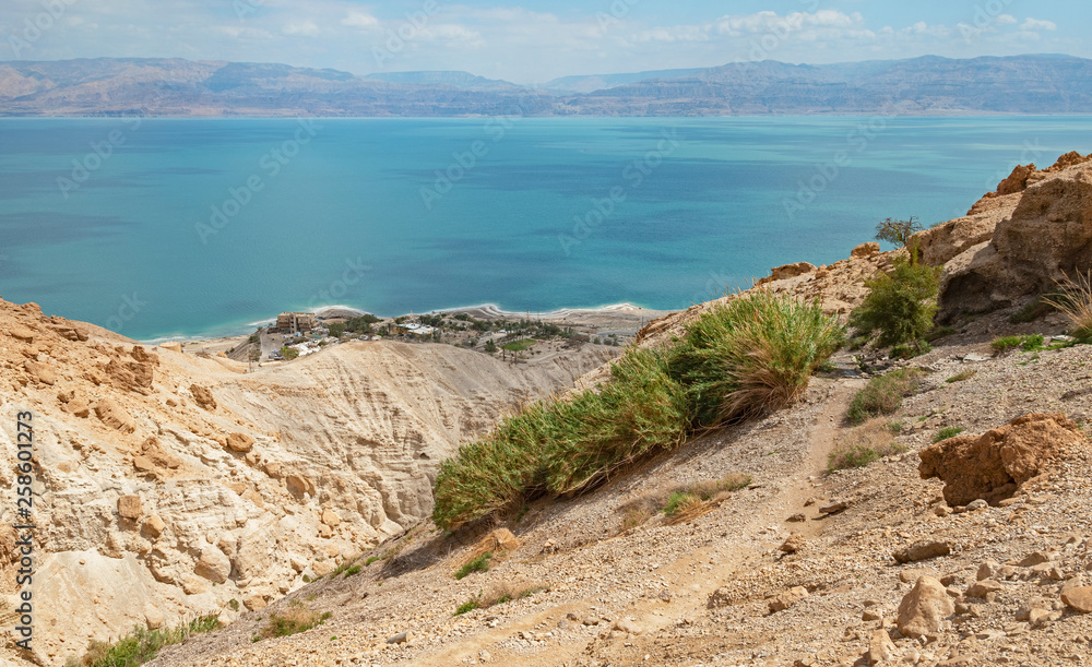 shulamit spring sits high up the rugged desert mountains above ein gedi at the  dead sea in israel