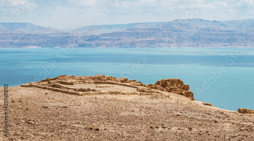 a temple from the chalcolithic era overlooks the dead sea at en gedi with the moav moabite mountains of jordan in the background