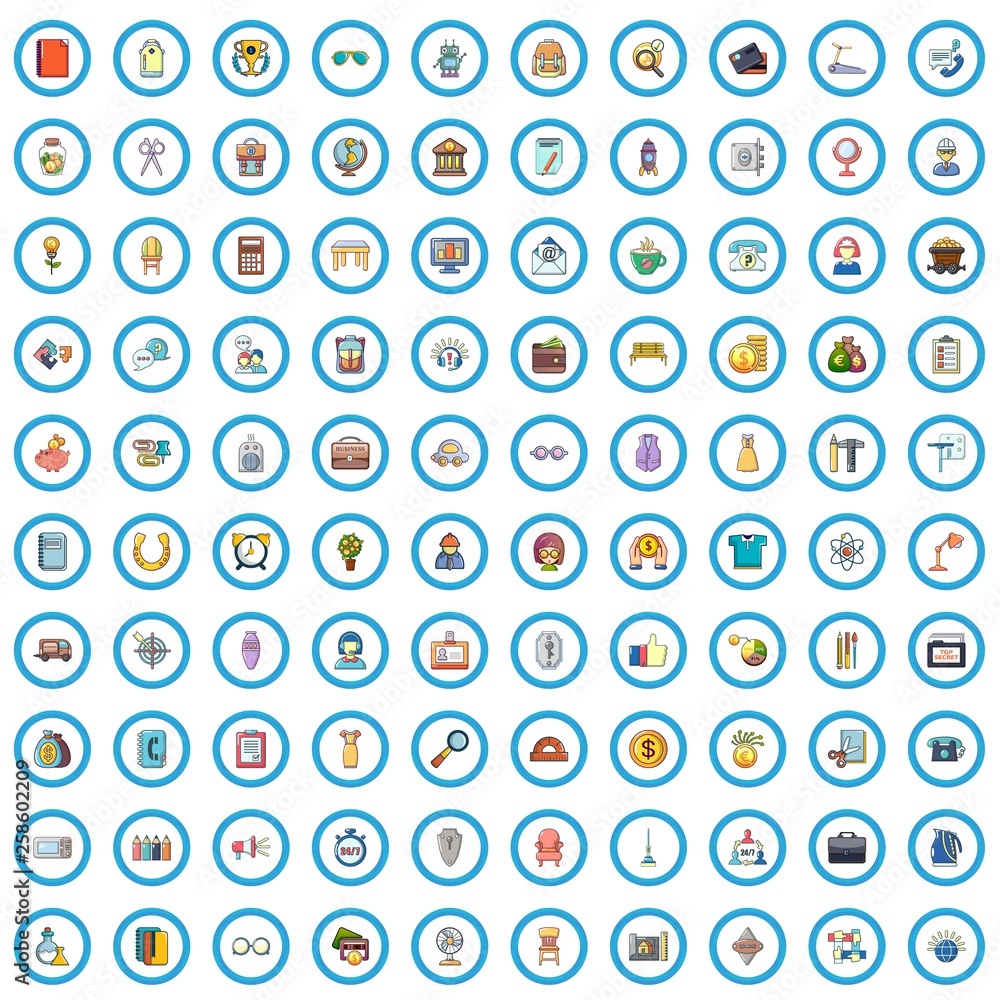 100 office icons set. Cartoon illustration of 100 office vector icons isolated on white background 100 office icons set. Cartoon illustration of 100 office vector icons isolated on white background