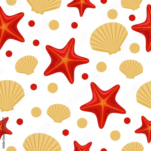 Seamless underwater sea pattern with starfish and shell. Abstract repeat background, colorful vector illustration can be used as textile printing, background of greeting card, ad, banner, invitation
