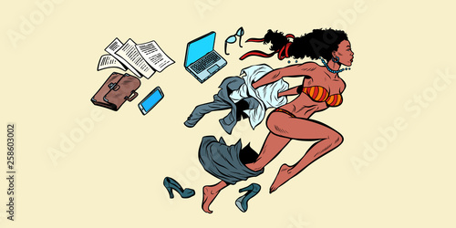 african women dream of summer tourism, businesswoman in swimsuit running to the beach