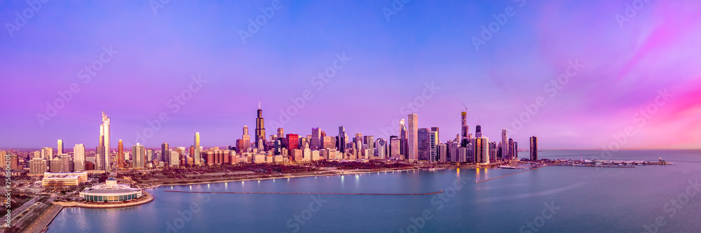 Chicago Skyline Aerial Sunrise Sunset Cityscape Panorama