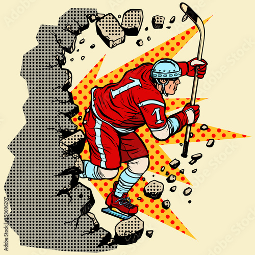 hockey player breaks a wall, winter sport