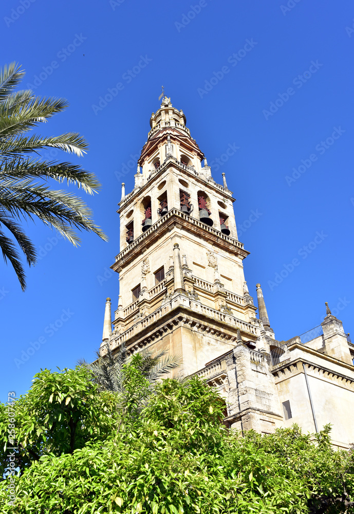 The bell tower of the Mosque-Cathedral (Great Mosque of Cordoba) (Mezquita), seen from the inner courtyard, Cordoba, Andalusia, Spain