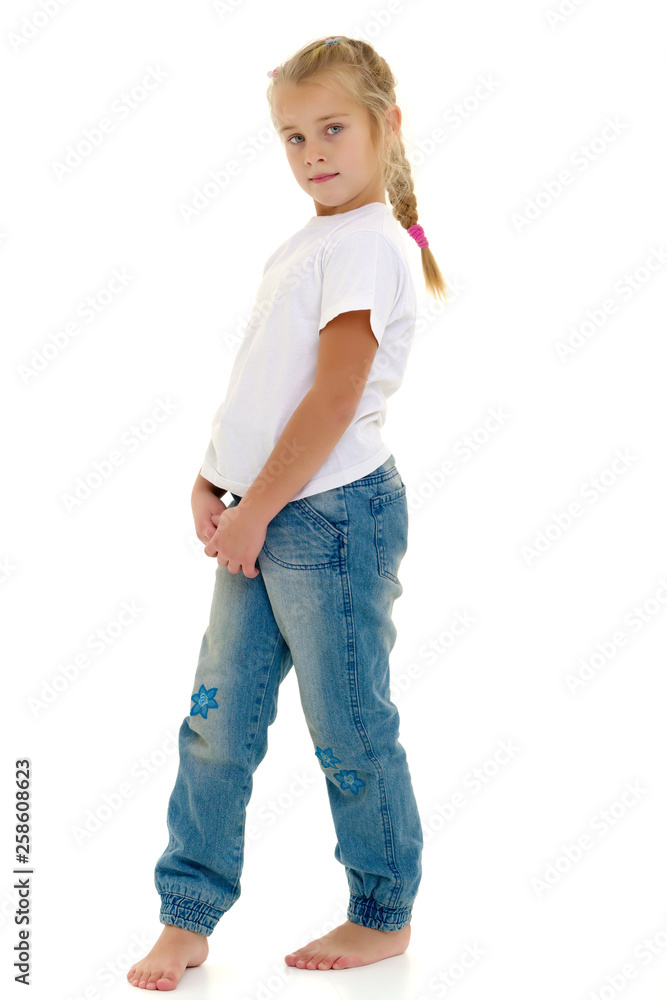 Fototapeta premium Little girl with a white t-shirt for advertising.