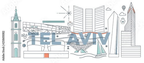 Typography word Tel Aviv branding technology concept. Collection of flat vector web icons. Israel culture travel set, architectures, specialties detailed silhouette. Doodle famous landmarks.