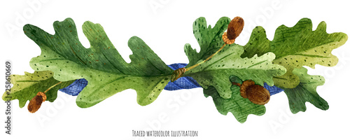 Vignette from oak leaves with blue silk ribbon