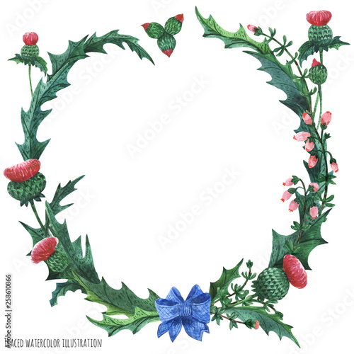 Wreaths from thistle and heather with blue bow-knot