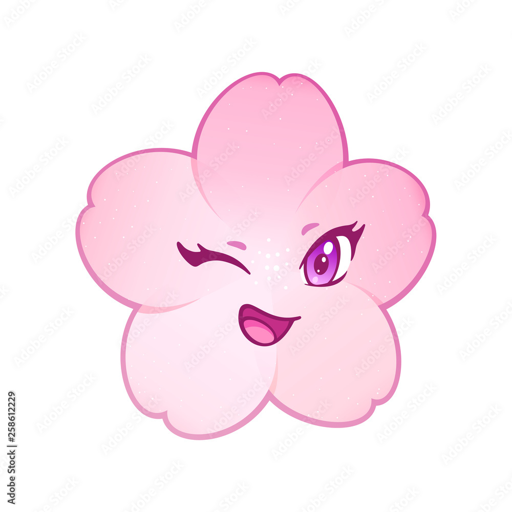 Sakura flower emoji. Winking smiley of Japanese cherry blossom. Anime style. Chat pink emoji for Hanami events, a tradition of admiring the flowers. Isolated vector sticker