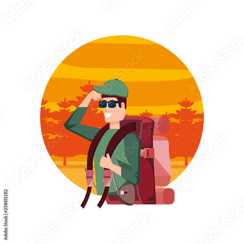 traveler man with travel bag and landscape