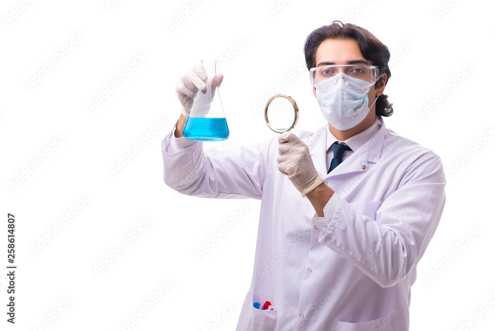 Young chemist isolated on white background 