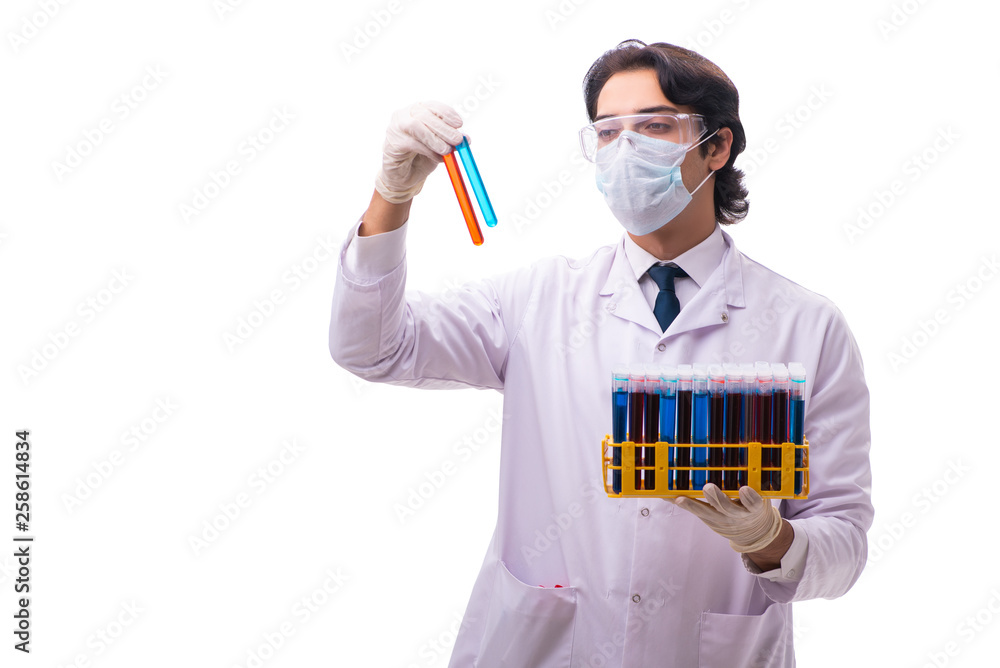 Young chemist isolated on white background 