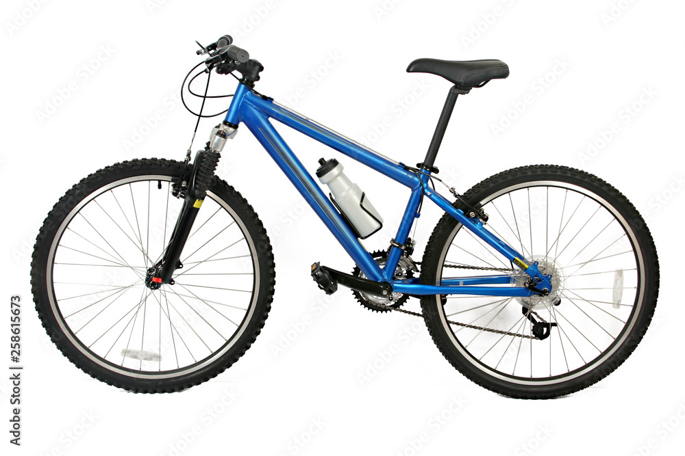 bicicleta de montaña azul, aislada en blanco