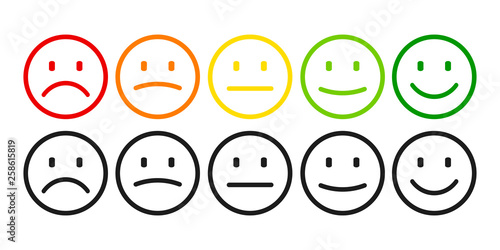 Valuation by emoticons from negative to positive, set emotion. Rank, level of satisfaction rating. Excellent, good, normal, bad awful. User experience Review of consumer – stock vector