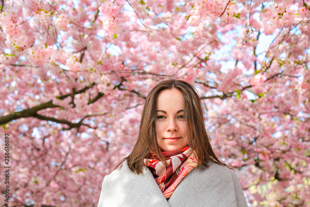 Young woman in blooming cherry garden in spring. Young woman in blooming cherry garden in spring.