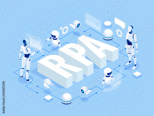 Isometric concept of RPA, artificial intelligence, robotics process automation, ai in fintech or machine transformation.