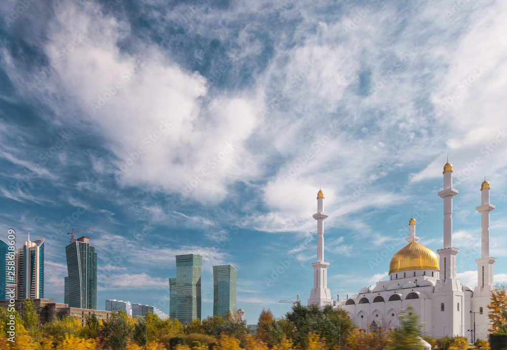 Kazakhstan, Astana, Nur-Sultan Mosque Nur-Astana under sky rays, view from sreet