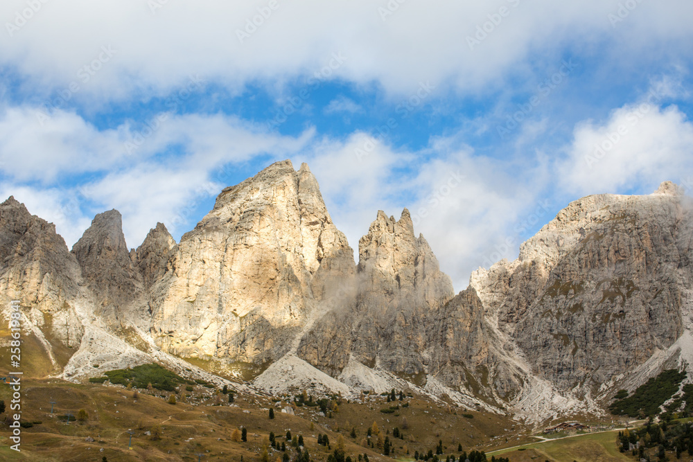 The Cir Spitzen in the Dolomites during a Sunny Day in Fall. View from Passo Gardena right above Selva di Val Gardena and near Dantercepies